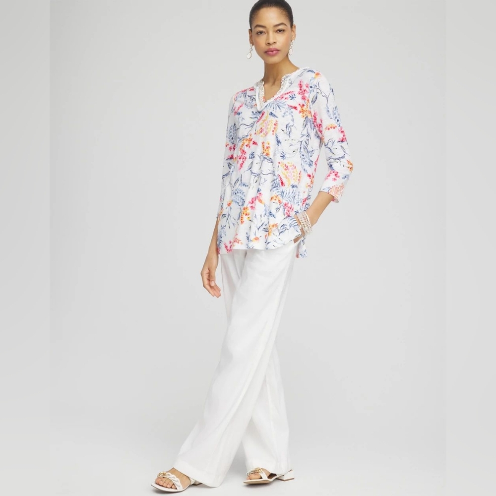 Chico's Linen Nautical Embellished Tunic 3/4 Sleeve Tops Size 3(XL) NWT